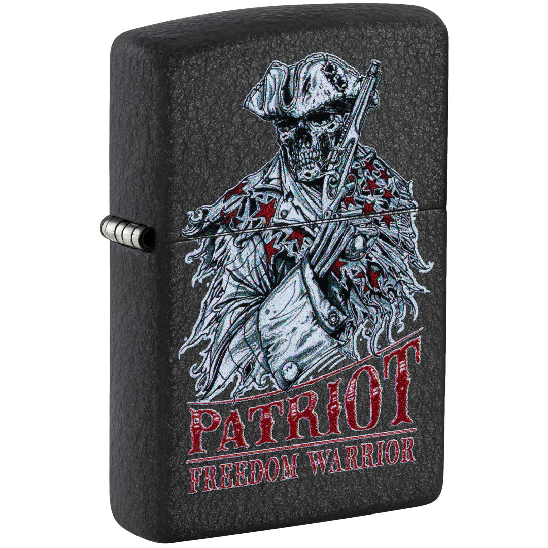 Front shot of Zippo Freedom Warrior Design Black Crackle® Windproof Lighter standing at a 3/4 angle.