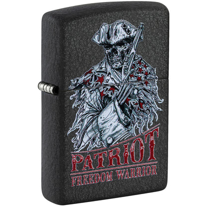 Front shot of Zippo Freedom Warrior Design Black Crackle® Windproof Lighter standing at a 3/4 angle.