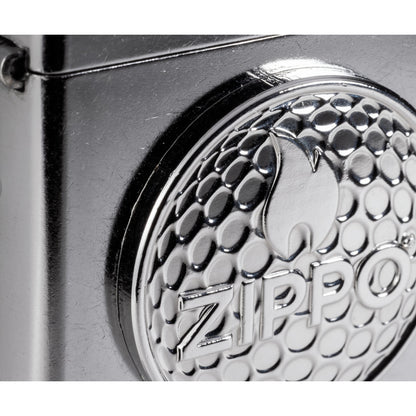 Front view of Zippo Golf Ball Marker Emblem – Zippo Design Street Chrome Windproof Lighter close up to show the detail of the lighter.