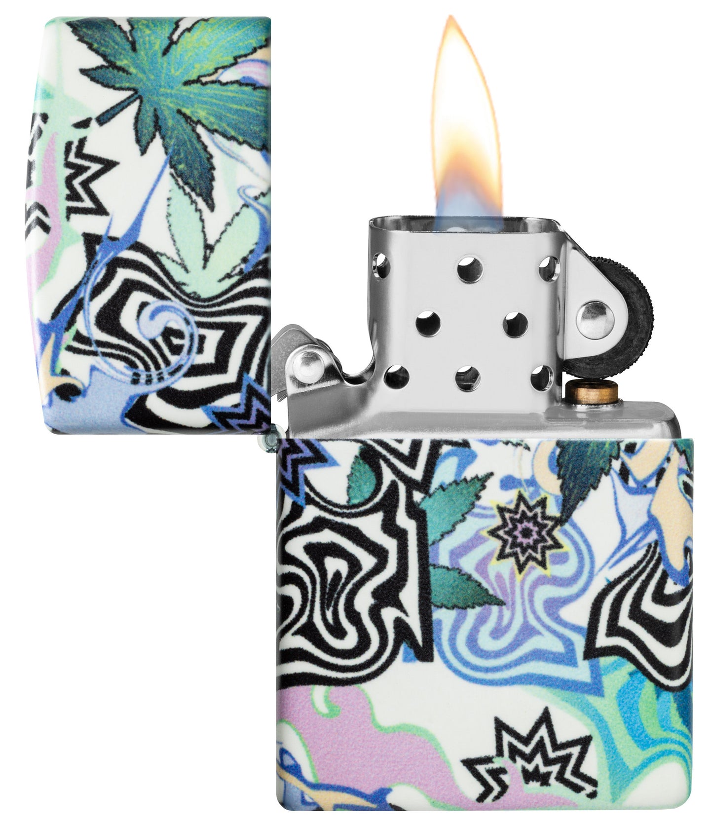 Zippo Abstract Cannabis Design Glow in the Dark Windproof Lighter with its lid open and lit.