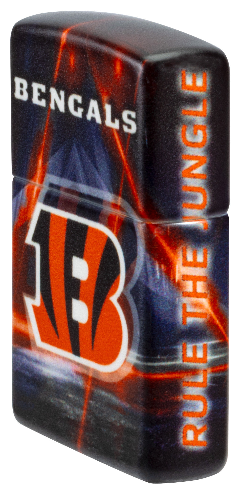 Angled shot of Zippo NFL Cincinnati Bengals 540 Matte Windproof Lighter showing the front and right sides of the lighter.