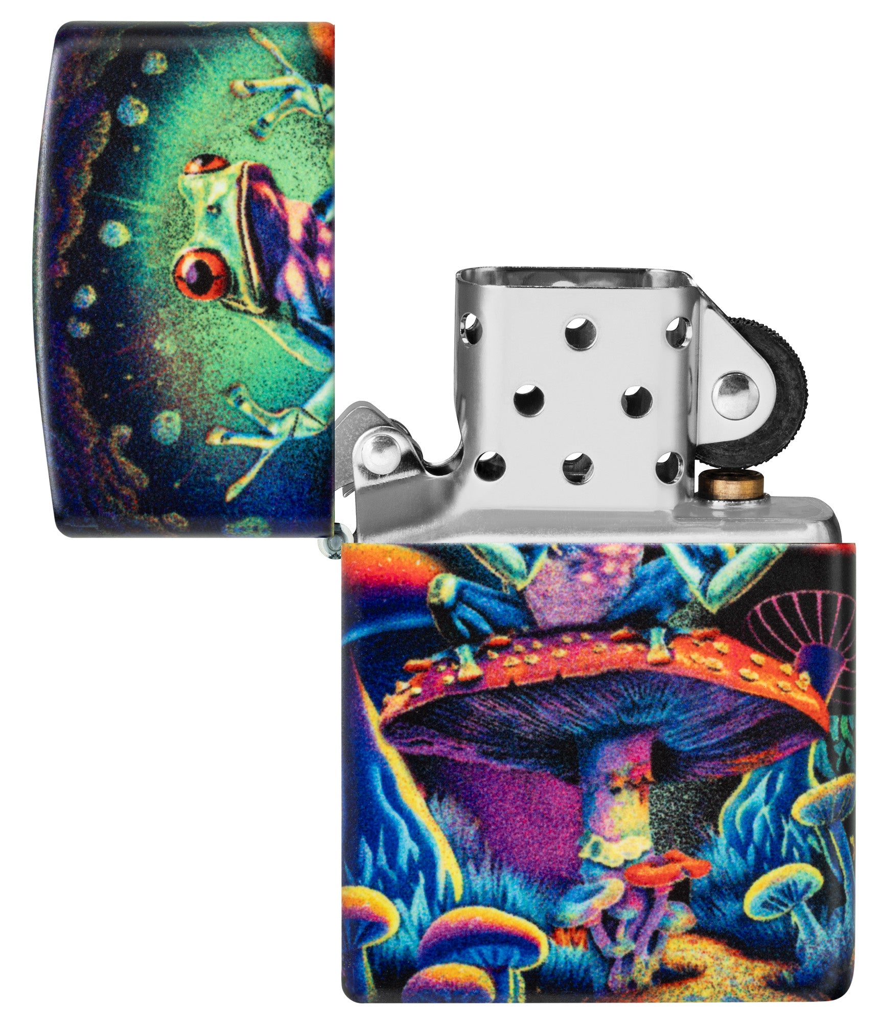 Zippo Zen Frog Design Glow in the Dark Matte Windproof Lighter with its lid open and unlit.