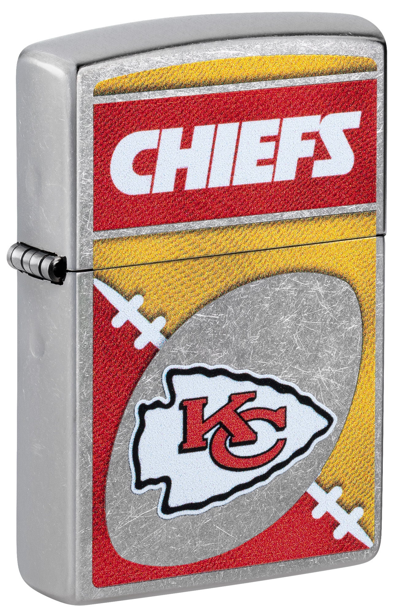 Front shot of Zippo NFL Kansas City Chiefs Street Chrome Windproof Lighter standing at a 3/4 angle.