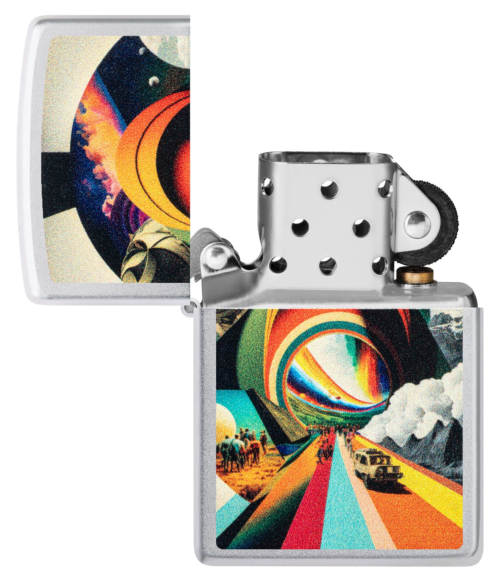 Zippo Trippy Travel Design Satin Chrome Windproof Lighter with its lid open and unlit.