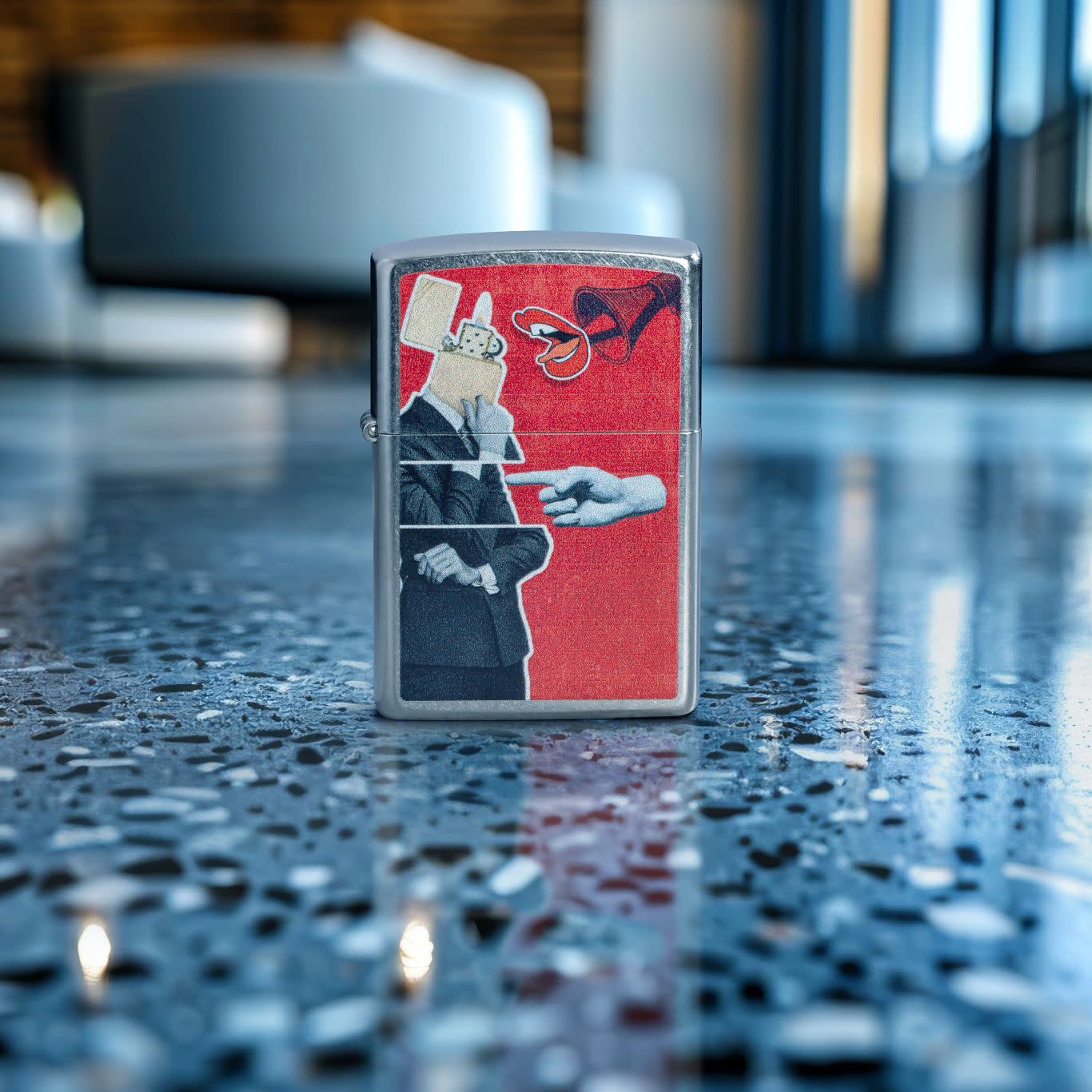 Lifestyle image of Zippo Collage Design Street Chrome Windproof Lighter standing on a speckled floor with furniture and windows in the background.