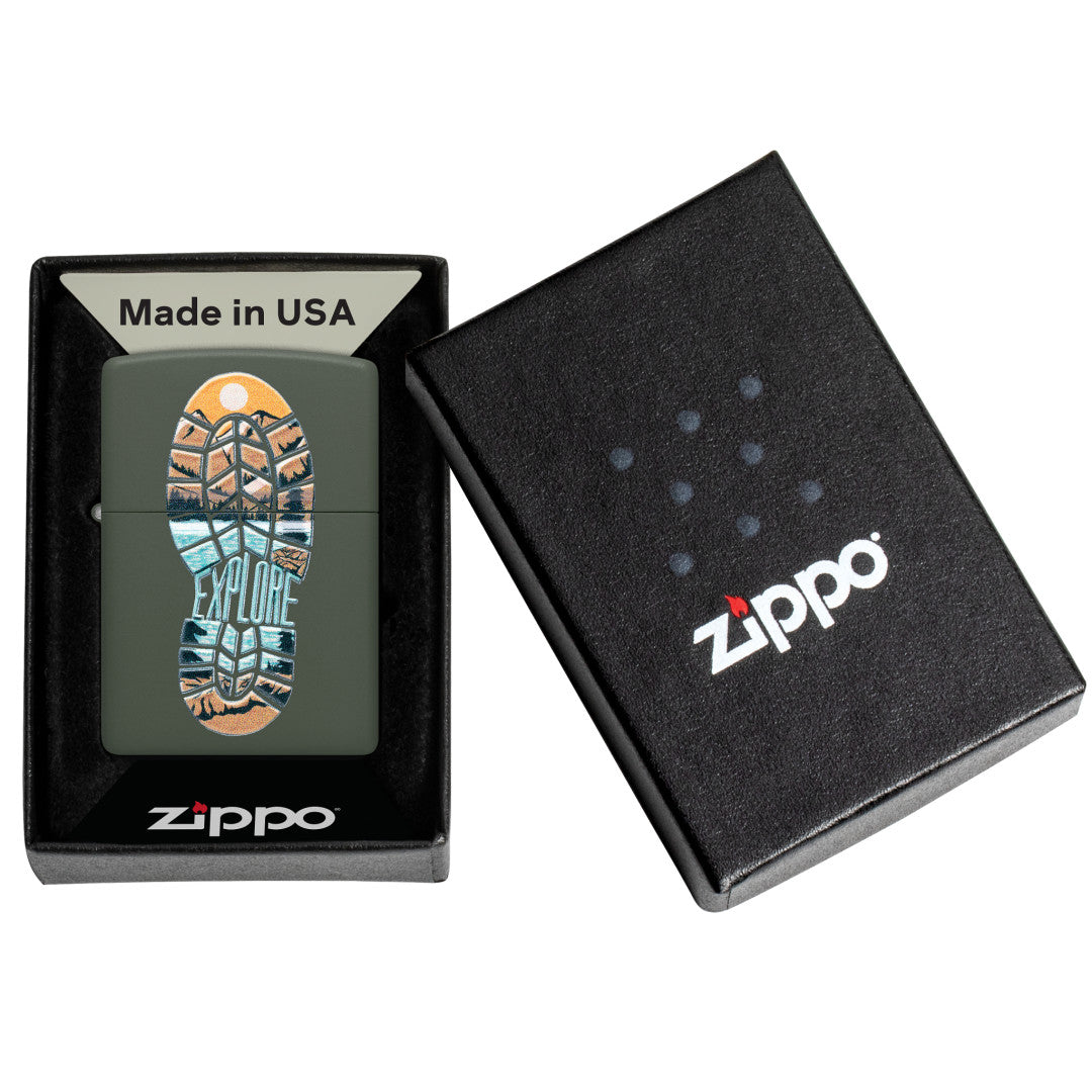 Zippo Step Out Design Green Matte Windproof Lighter in its packaging.
