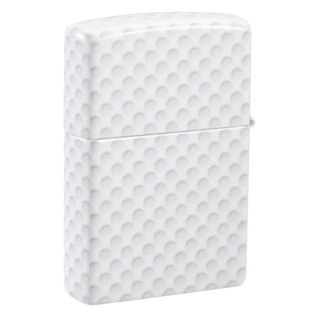 Back view of Zippo Golf Ball Design 540 Matte Windproof Lighter standing at a 3/4 angle.
