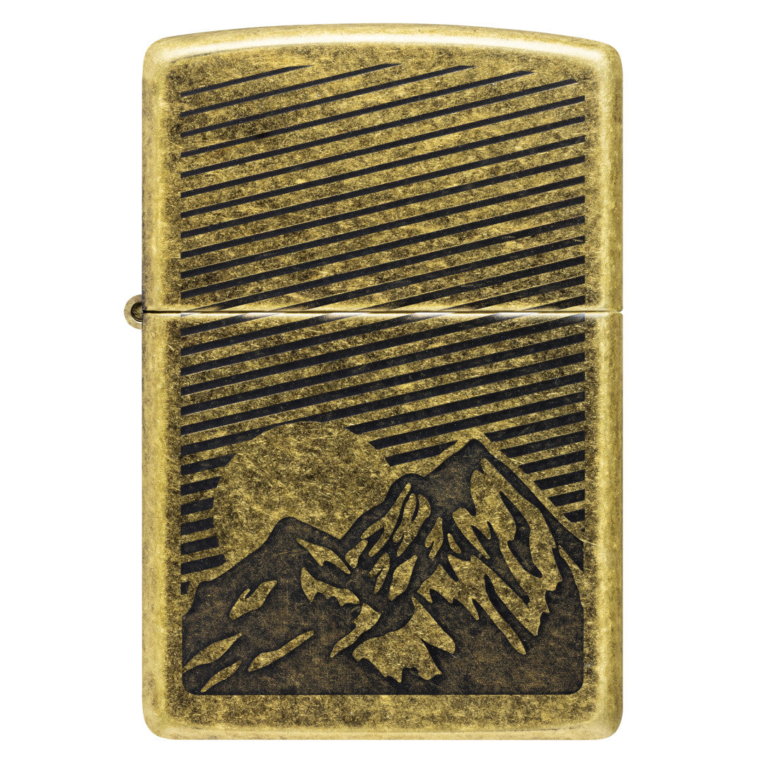 Front view of Zippo Etched Mountains Design Antique Brass Windproof Lighter.