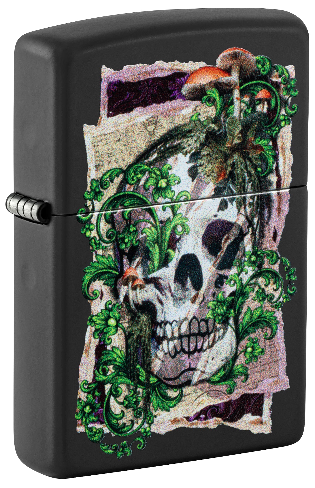 Front shot of Zippo Skull Collage Design Black Matte Windproof Lighter standing at a 3/4 angle.