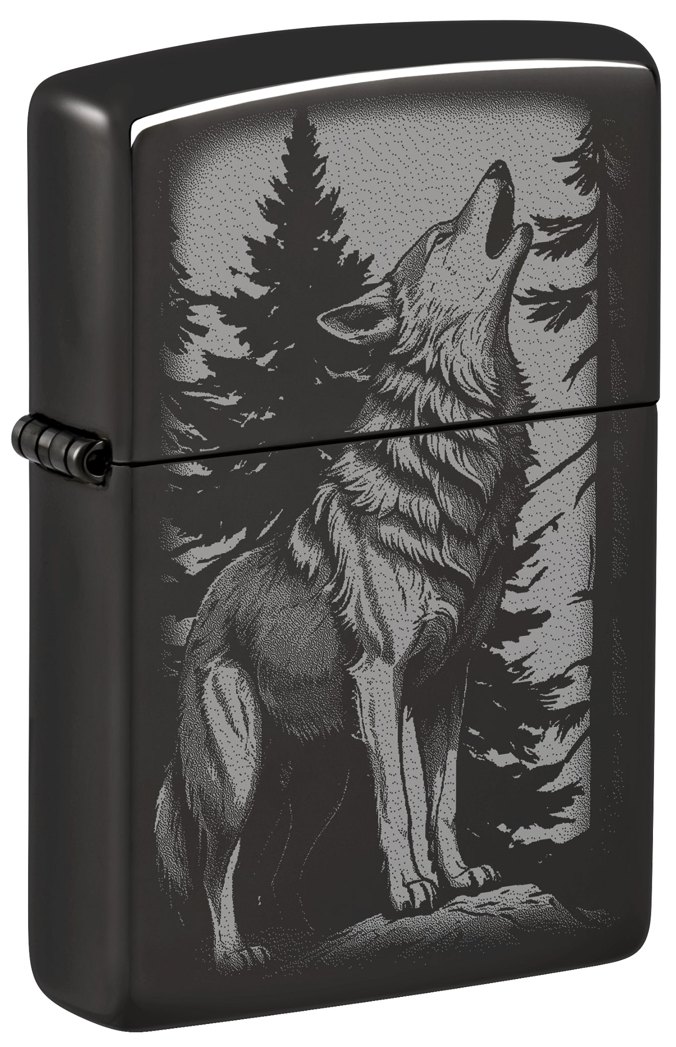 Front shot of Zippo Howling Wolf Design High Polish Black Windproof Lighter standing at a 3/4 angle.