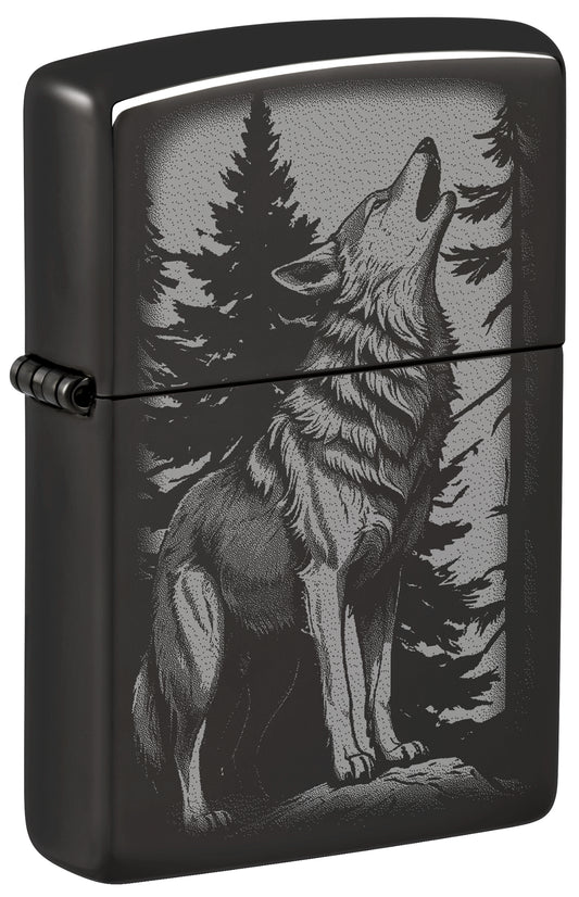Front shot of Zippo Howling Wolf Design High Polish Black Windproof Lighter standing at a 3/4 angle.