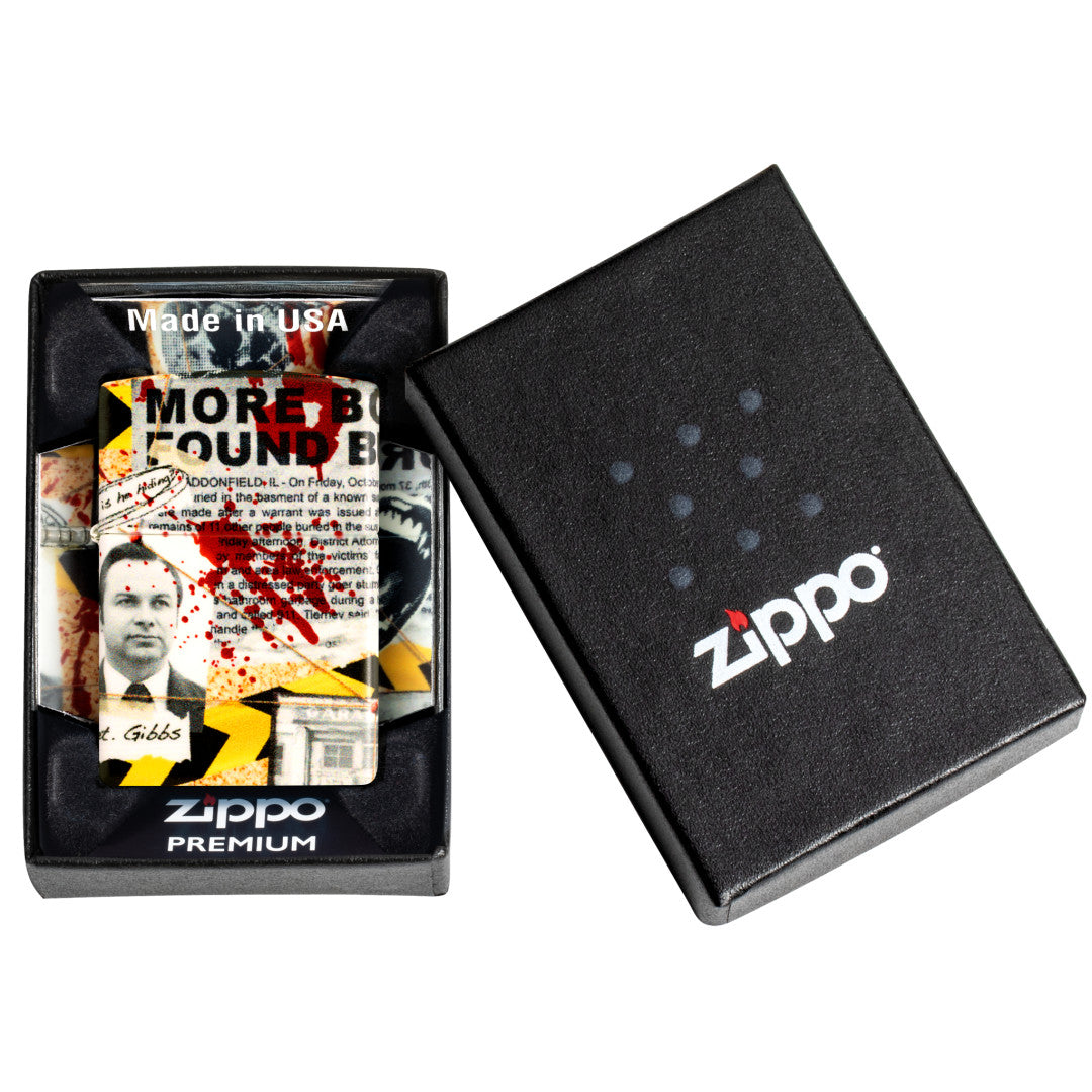 Zippo Murder Mystery Design 540 Matte Windproof Lighter in its packaging.