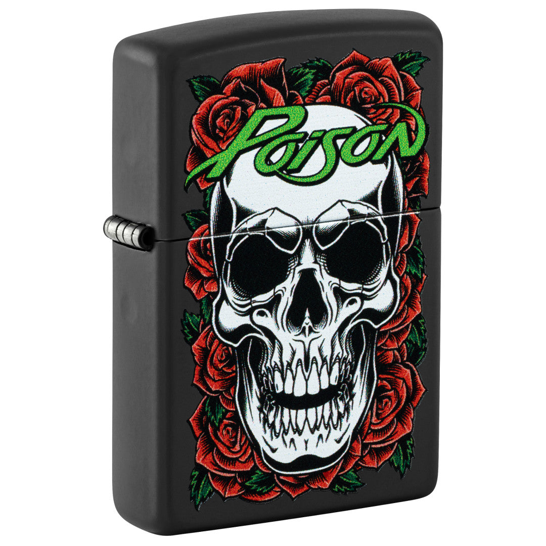 Front shot of Zippo Poison Skull and Roses Design Black Matte Windproof Lighter standing at a 3/4 angle.
