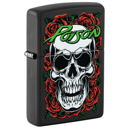Front shot of Zippo Poison Skull and Roses Design Black Matte Windproof Lighter standing at a 3/4 angle.