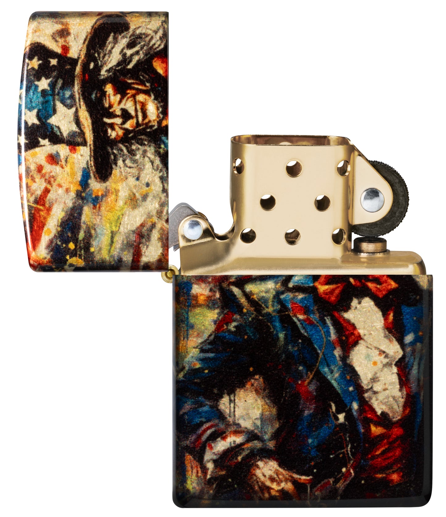 Zippo Uncle Sam Fusion Design 540 Tumbled Brass Windproof Lighter with its lid open and unlit.