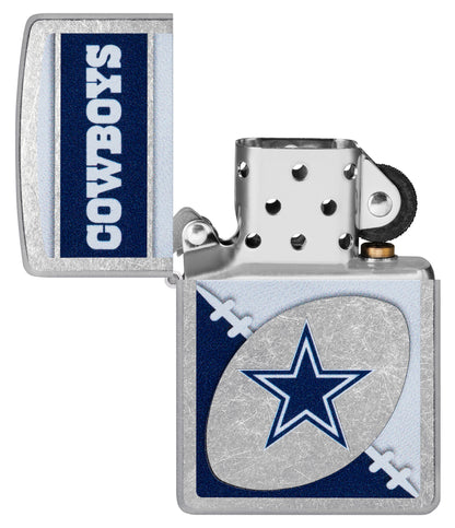 Zippo NFL Dallas Cowboys Street Chrome Windproof Lighter with its lid open and unlit.