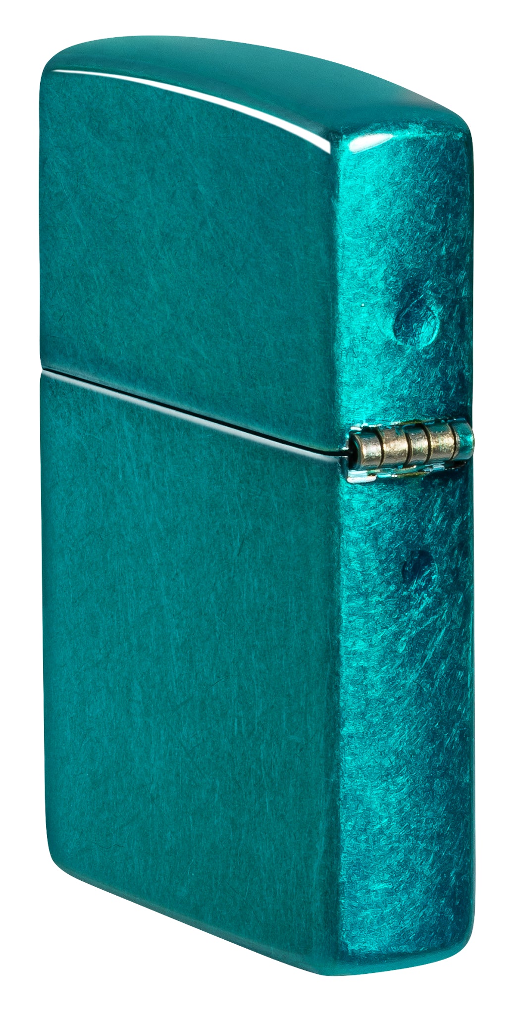 Angled shot of  Zippo Classic Candy Teal Windproof Lighter showing the back and hinge side of the lighter.