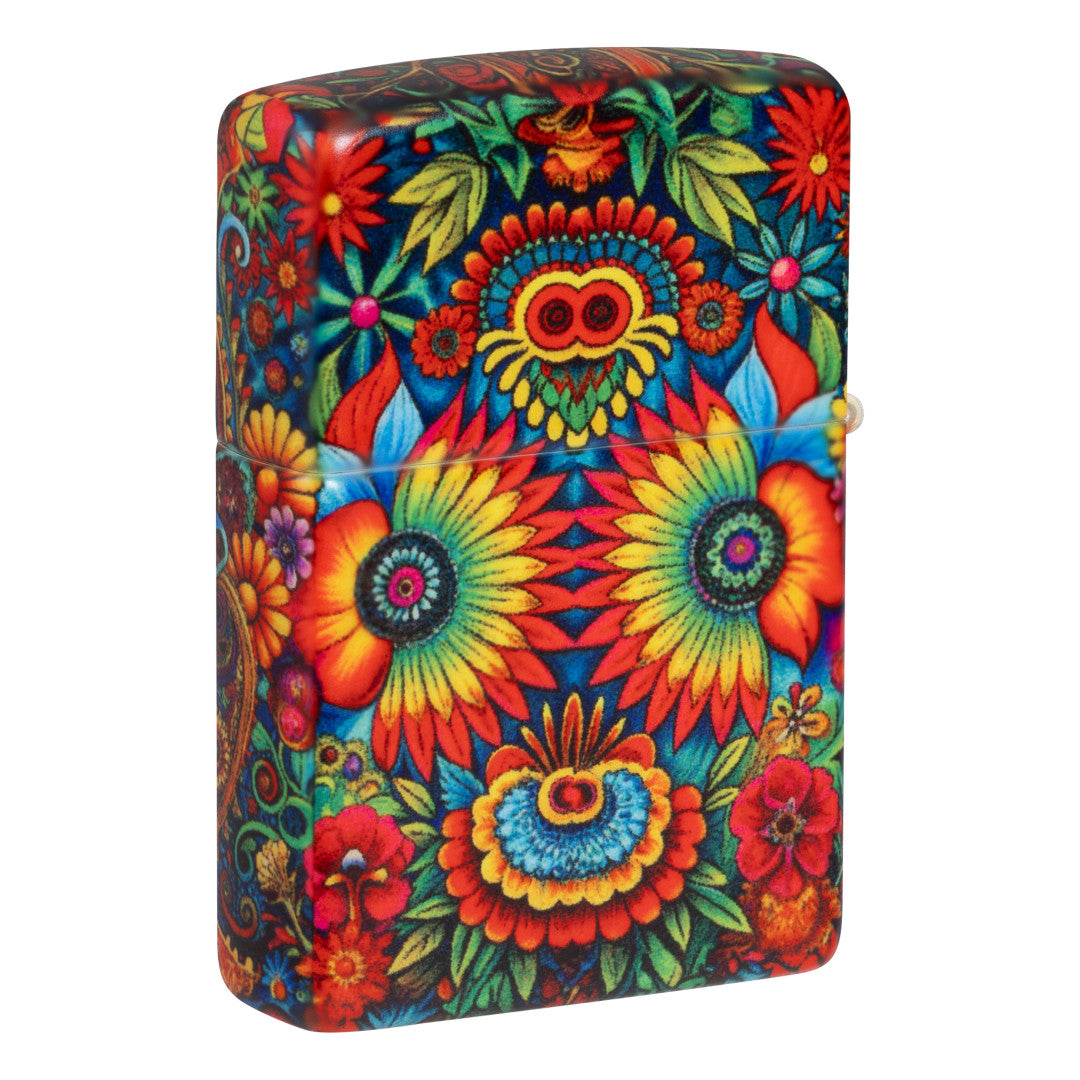 Back view of Zippo Day of the Dead Skull Design 540 Matte Windproof Lighter standing at a 3/4 angle.
