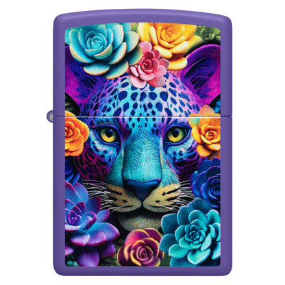 Front view of Zippo Groovy Leopard Design Purple Matte Windproof Lighter.