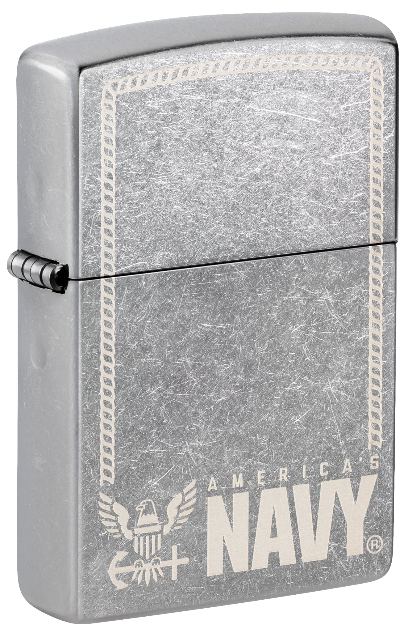 Front shot of Zippo United States Navy® America's Navy Design Street Chrome Windproof Lighter standing at a 3/4 angle.