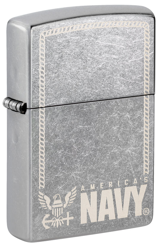Front shot of Zippo United States Navy® America's Navy Design Street Chrome Windproof Lighter standing at a 3/4 angle.