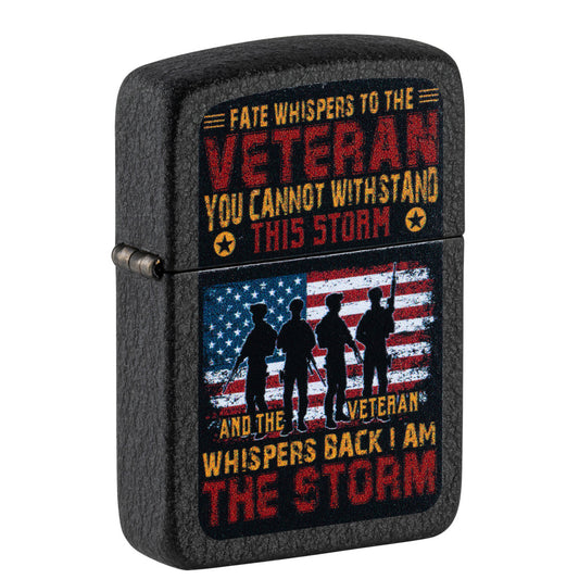 Front shot of Zippo I am the Storm Design 1941 Replica Black Crackle® Windproof Lighter standing at a 3/4 angle.
