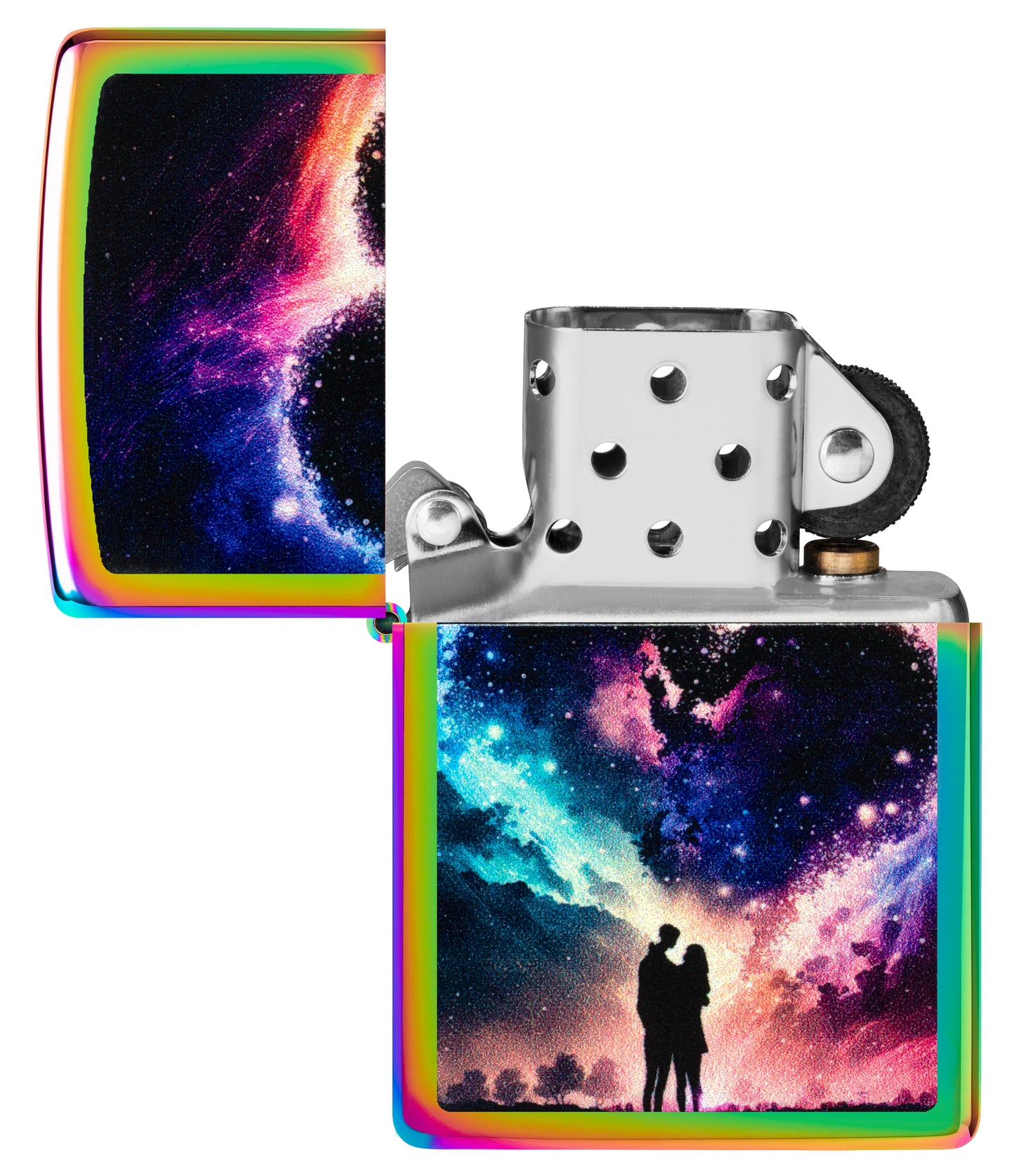 Zippo Cosmic Love Design Multi Color Windproof Lighter with its lid open and unlit.