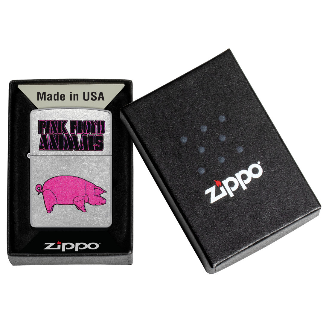 Zippo Pink Floyd Animals Design Street Chrome Windproof Lighter in its packaging.