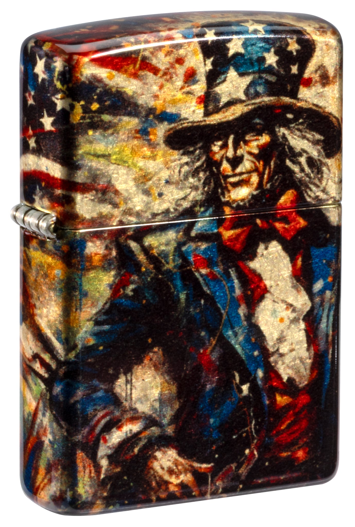 Front shot of Zippo Uncle Sam Fusion Design 540 Tumbled Brass Windproof Lighter standing at a 3/4 angle.