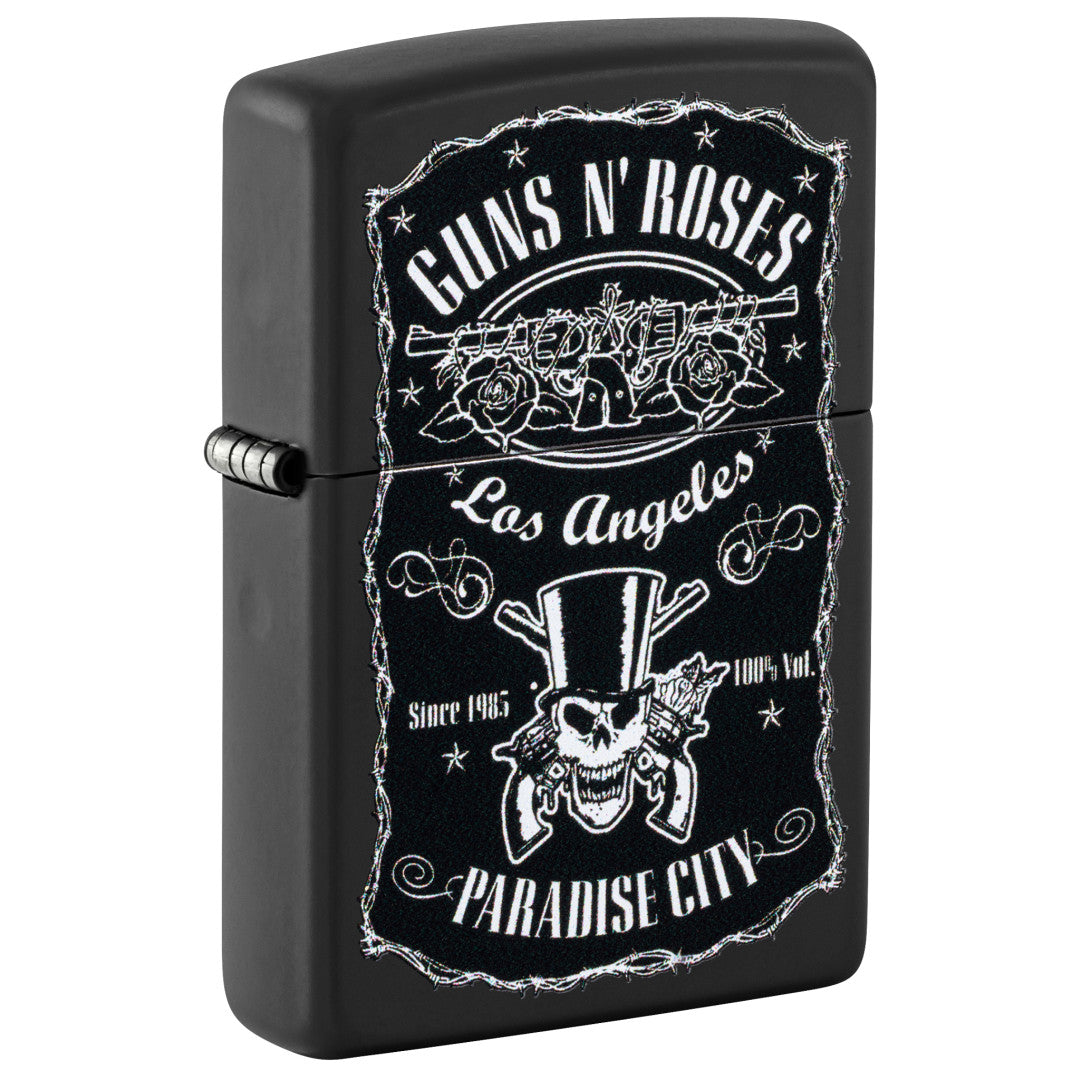 Front shot of Zippo Guns N' Roses Paradise City Design Black Matte Windproof Lighter standing at a 3/4 angle.
