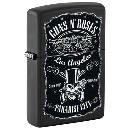 Front shot of Zippo Guns N' Roses Paradise City Design Black Matte Windproof Lighter standing at a 3/4 angle.