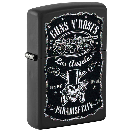 Front shot of Zippo Guns N' Roses Paradise City Design Black Matte Windproof Lighter standing at a 3/4 angle.
