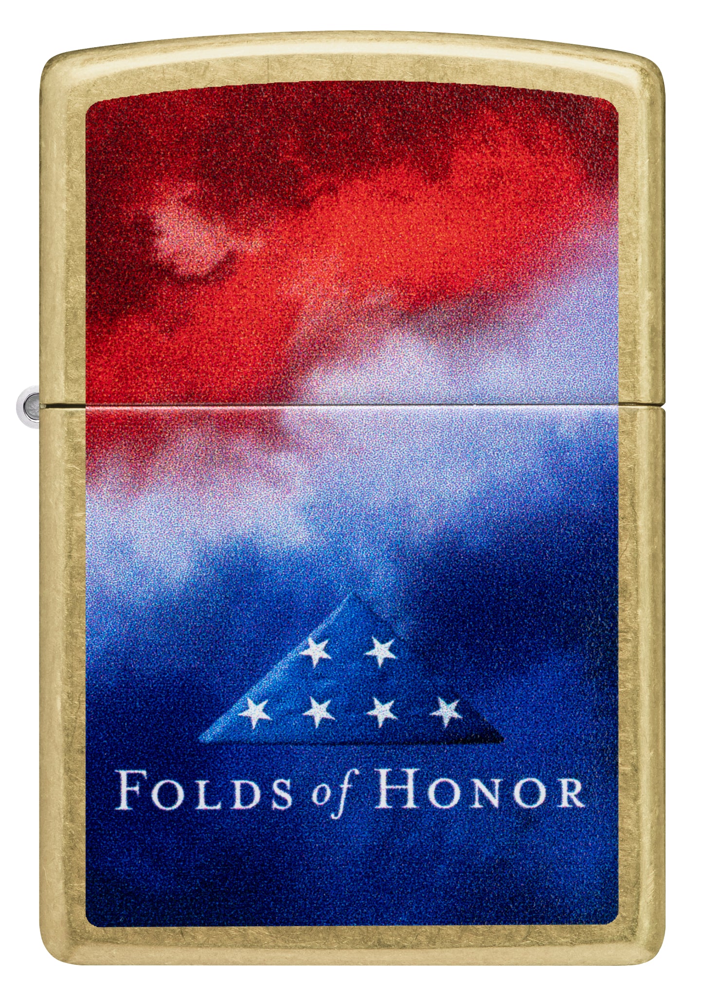 Front view of Zippo Folds of Honor Clouds Design Street Brass Windproof Lighter.