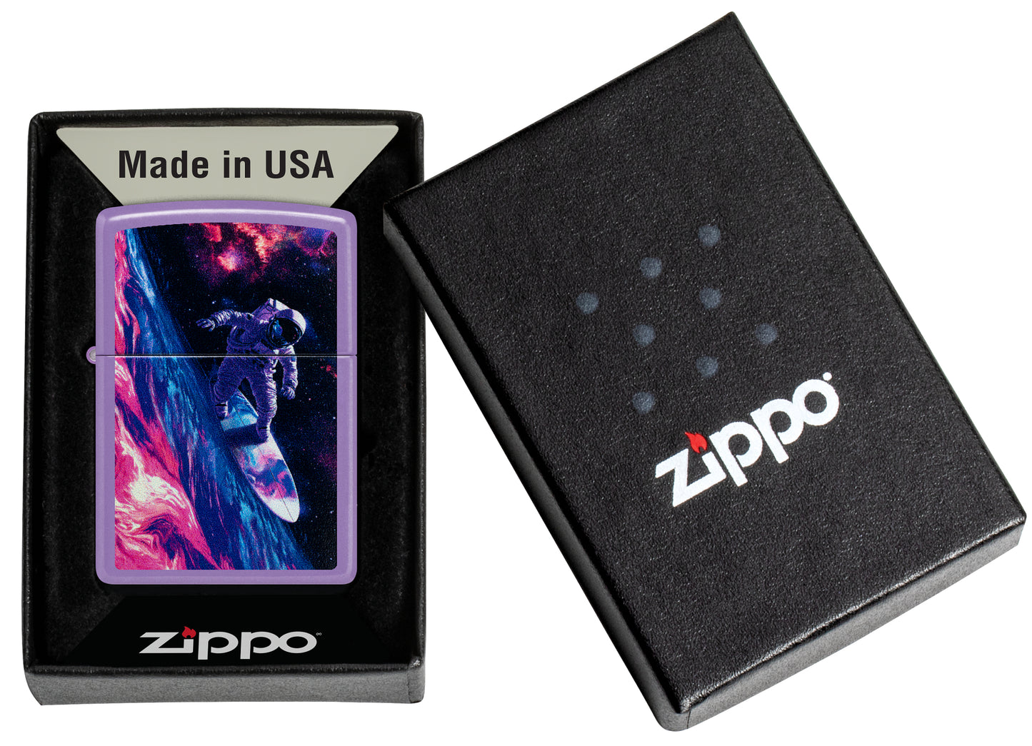 Zippo Star Surfer Design Smoky Lavender Windproof Lighter in its packaging.