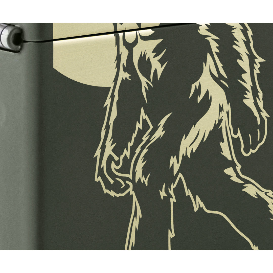 Front view of Zippo Sasquatch Stroll Design Green Matte Windproof Lighter close up to show the detail of the lighter.