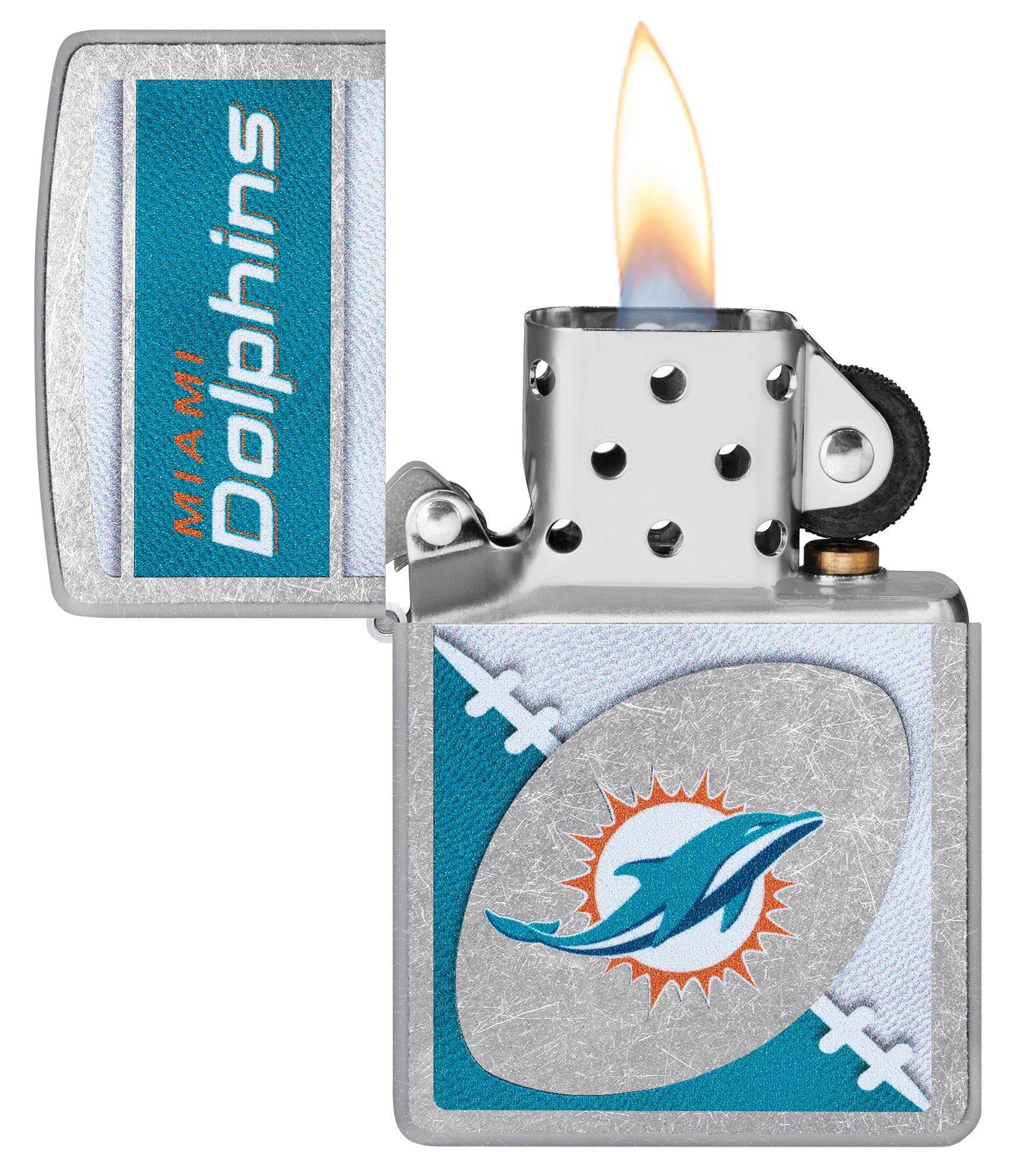 Zippo NFL Miami Dolphins Street Chrome Windproof Lighter with its lid open and lit.