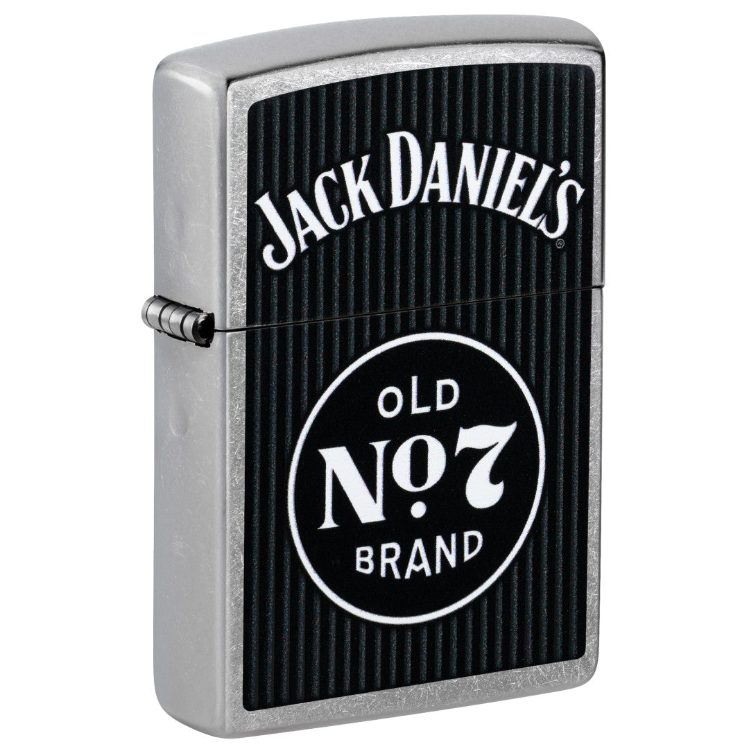 Front shot of Zippo Jack Daniel's Old No. 7 Pinstripe Design Street Chrome Windproof Lighter standing at a 3/4 angle.