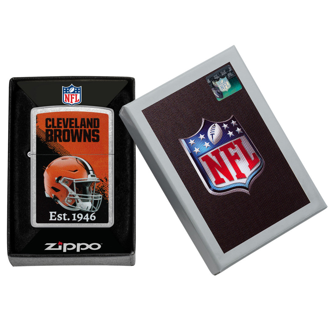 Zippo NFL Cleveland Browns Helmet Design Street Chrome Windproof Lighter in its packaging.
