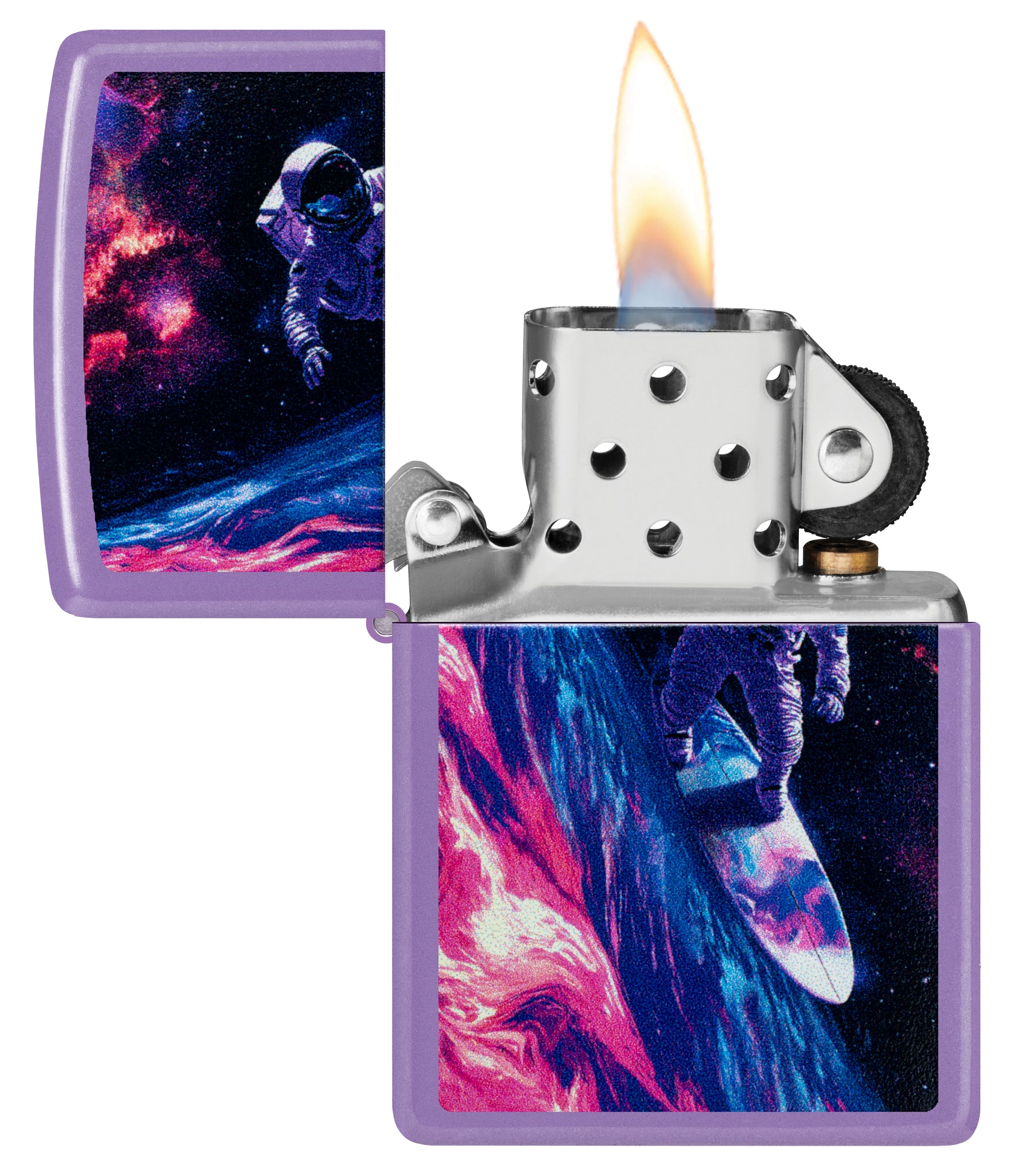Zippo Star Surfer Design Smoky Lavender Windproof Lighter with its lid open and lit.