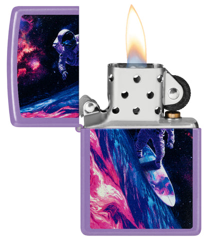 Zippo Star Surfer Design Smoky Lavender Windproof Lighter with its lid open and lit.