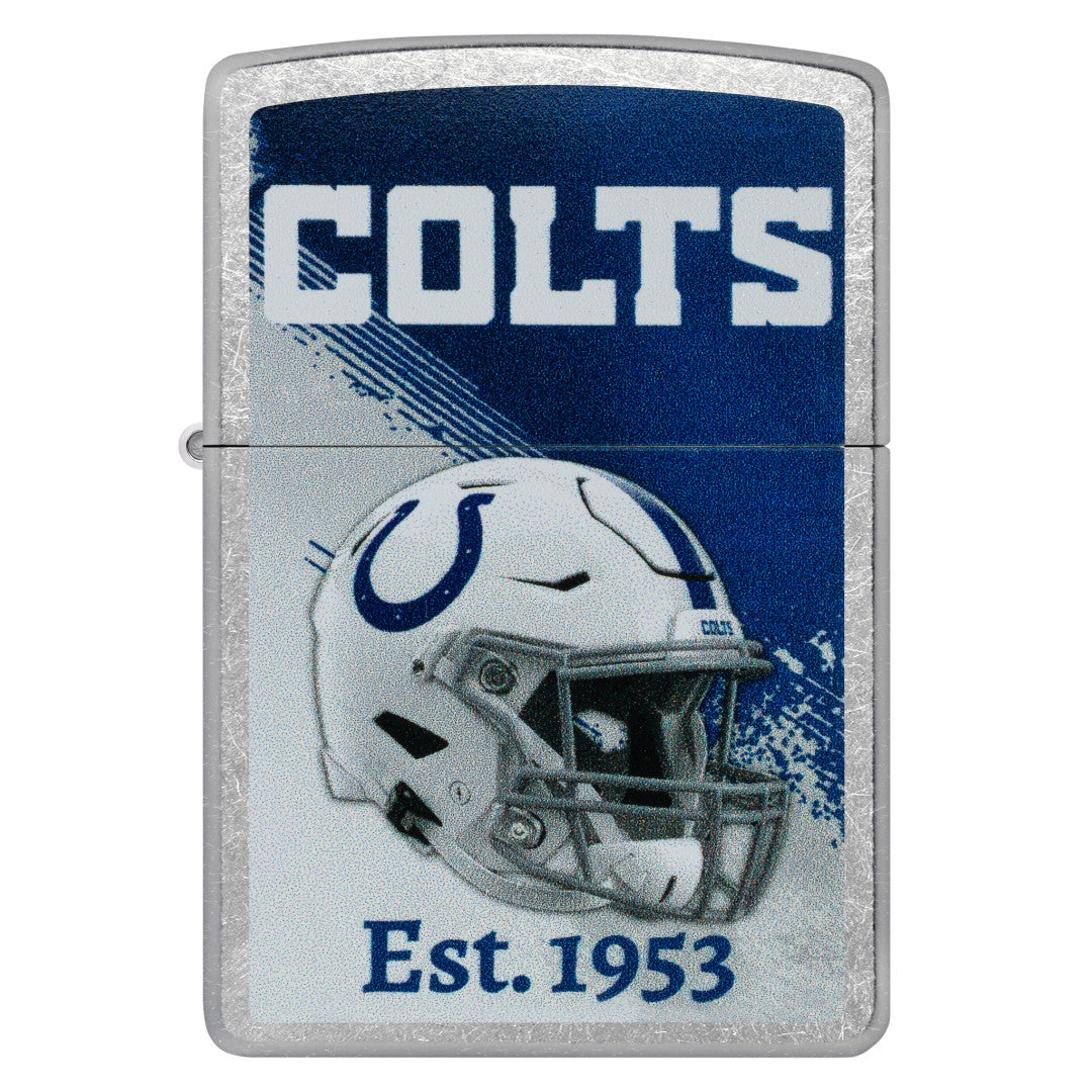 Front view of Zippo NFL Indianapolis Colts Helmet Design Street Chrome Windproof Lighter.
