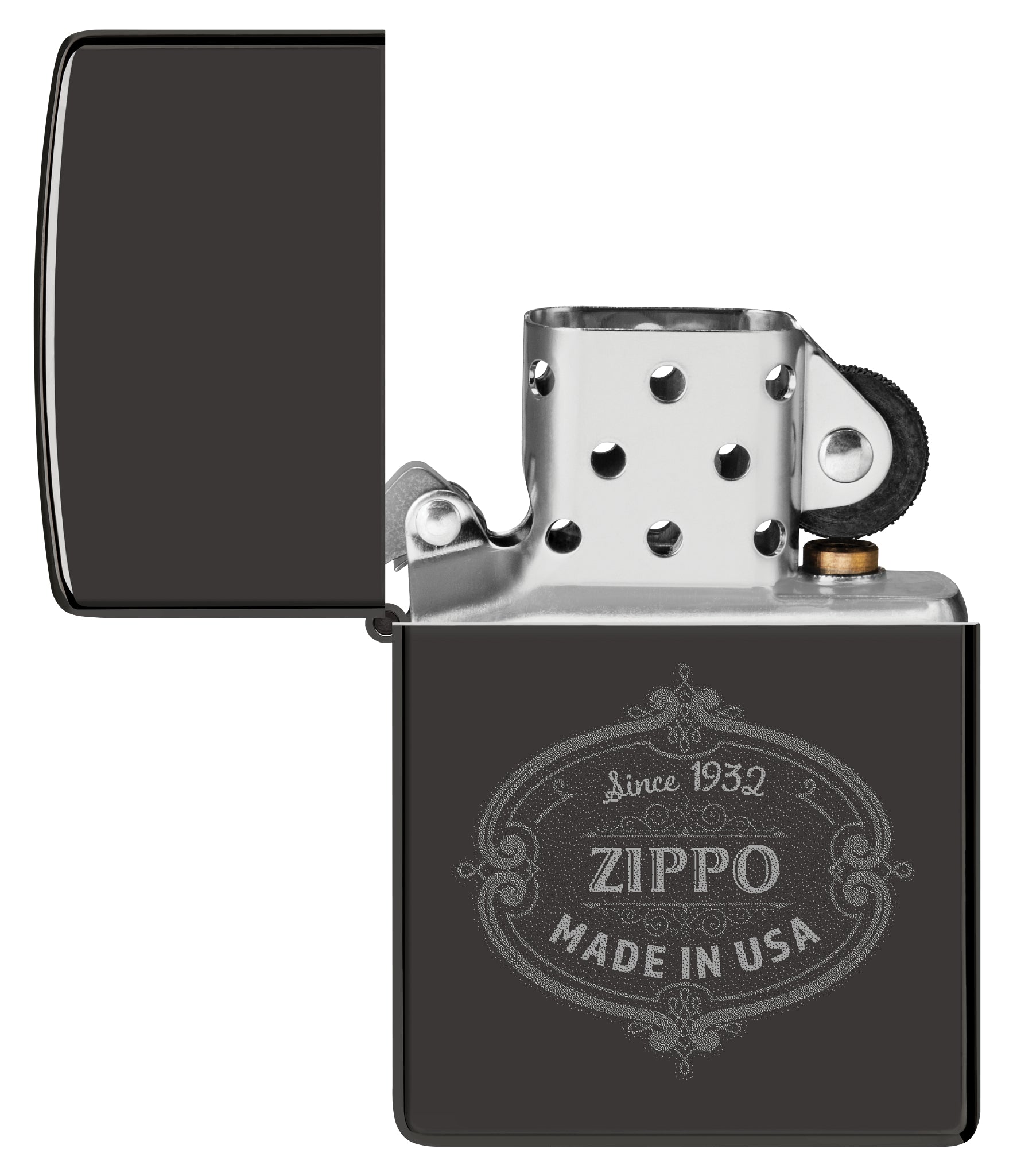 Zippo Plaque Design High Polish Black Windproof Lighter with its lid open and unlit.