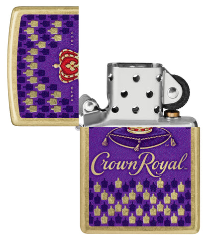 Zippo Crown Royal® Bottle Design Street Brass Windproof Lighter with its lid open and unlit.