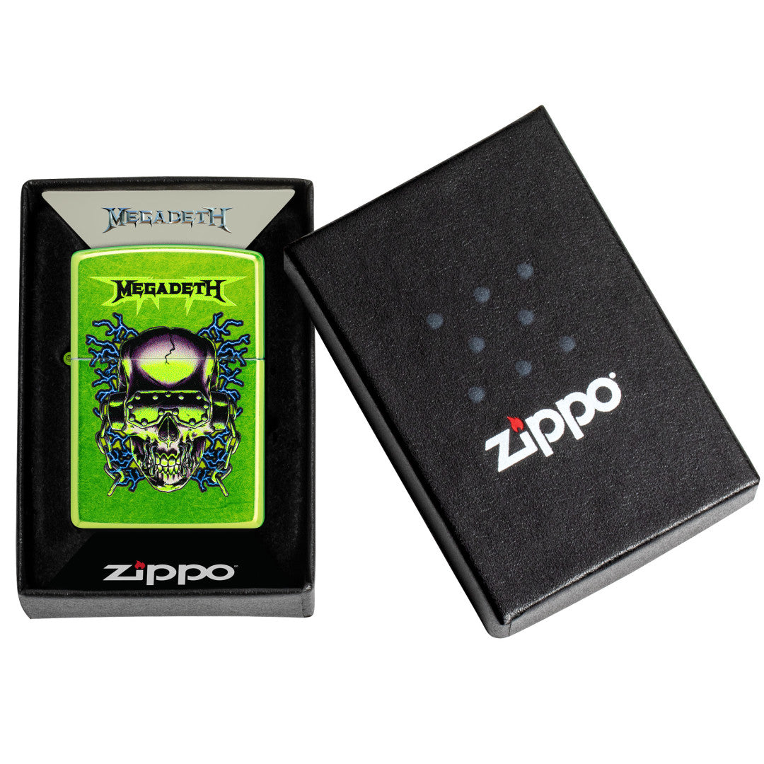 Zippo Megadeth Vic Rattlehead Design Classic Lurid Windproof Lighter in its packaging.