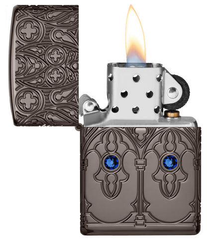 Zippo Gothic Window Design Armor® Black Ice® Windproof Lighter with its lid open and lit.