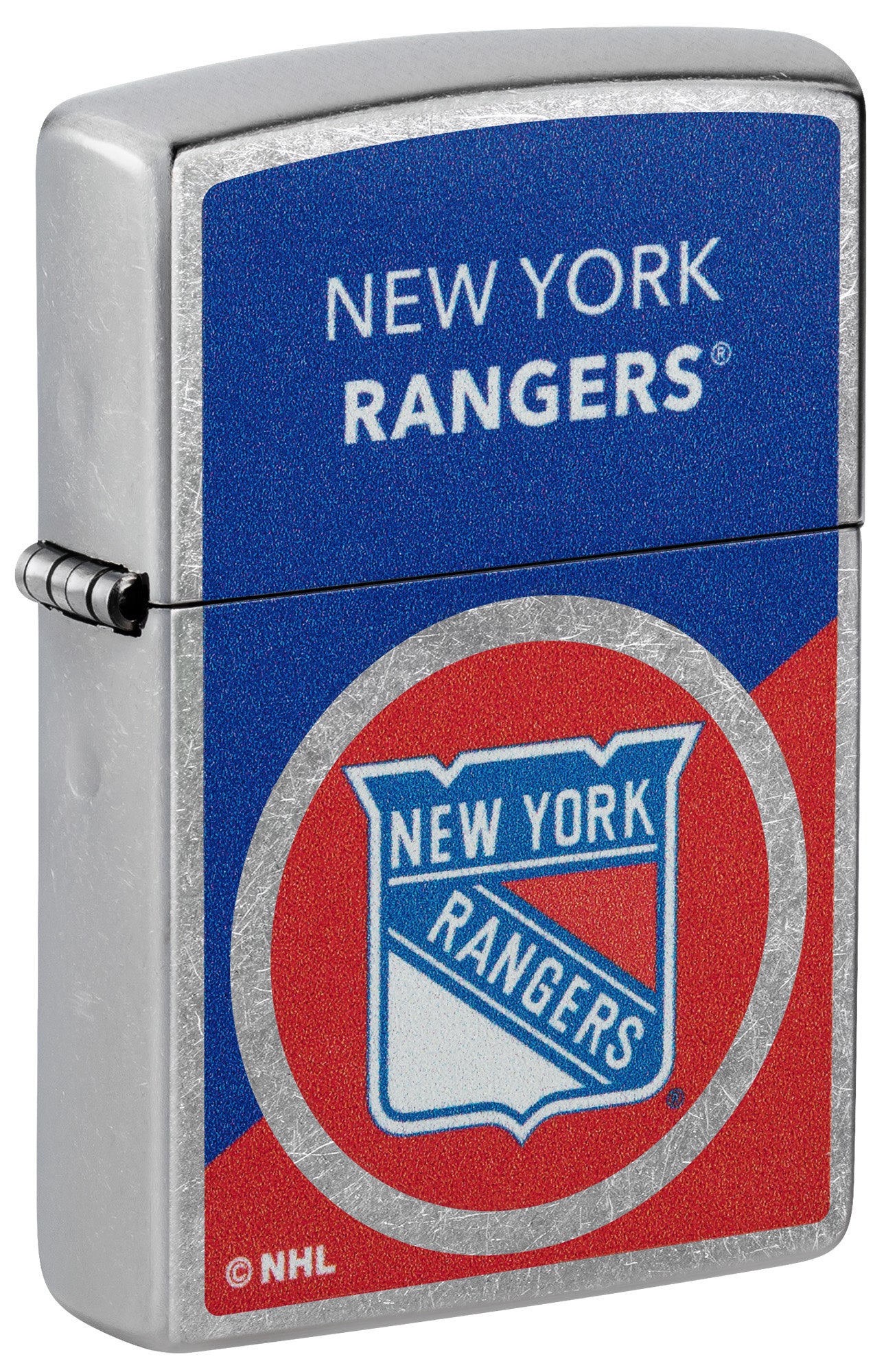 Front shot of Zippo NHL® New York Rangers® 2024 Street Chrome™ Windproof Lighter standing at a 3/4 angle.