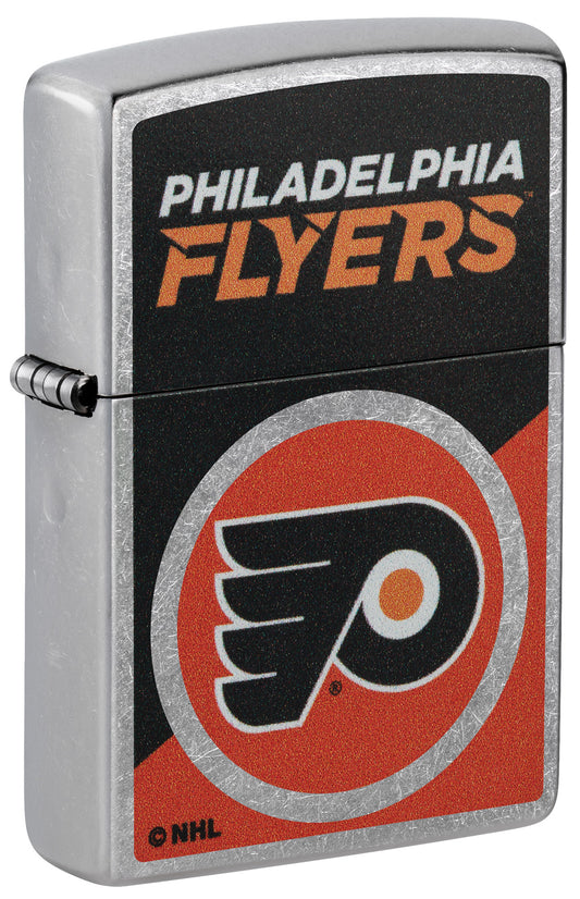 Front shot of Zippo NHL® Philadelphia Flyers® 2024 Street Chrome™ Windproof Lighter standing at a 3/4 angle.