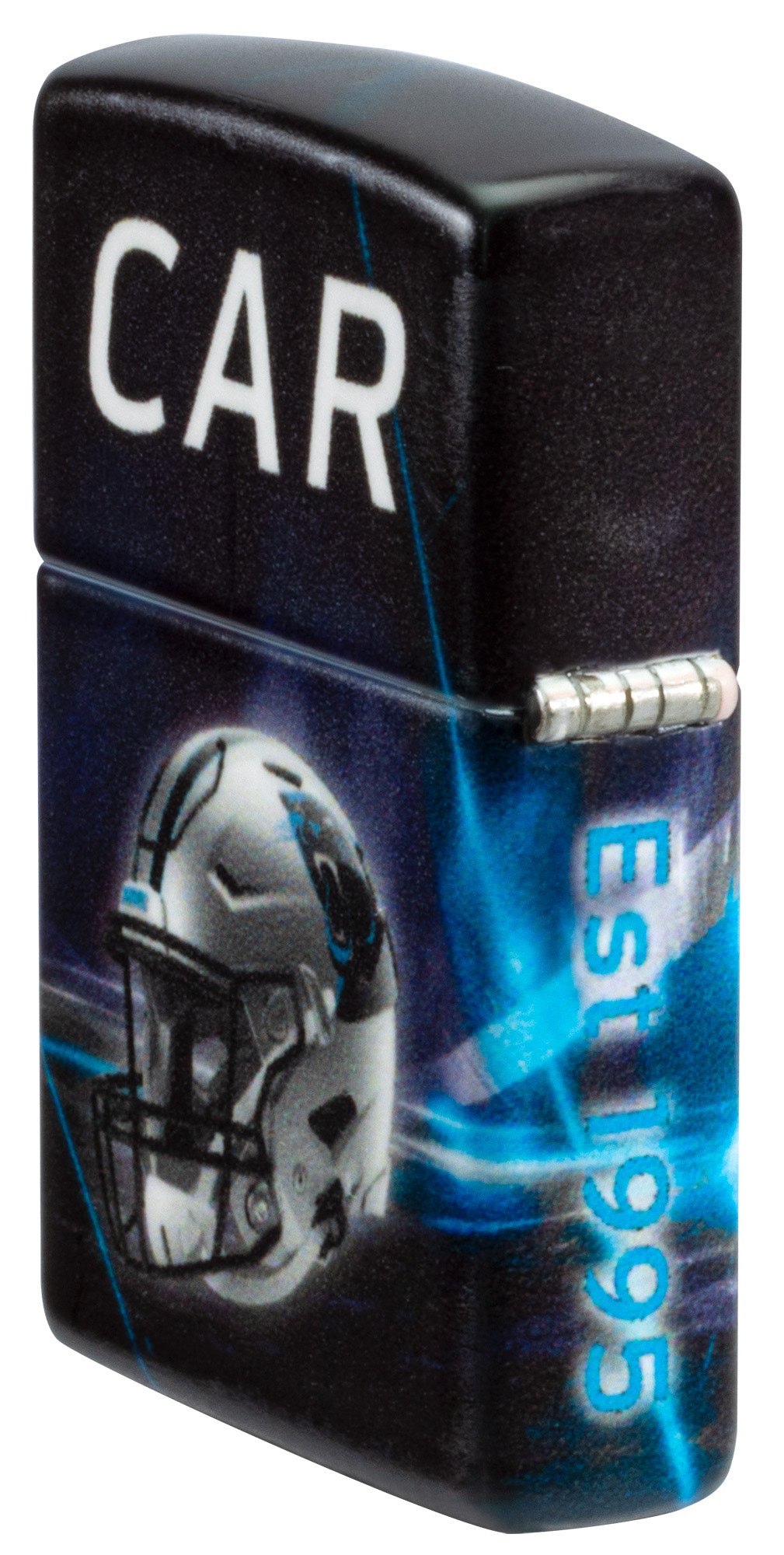 Angled shot of Zippo NFL Carolina Panthers 540 Matte Windproof Lighter showing the back and hinge sides of the lighter.