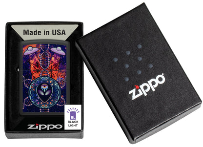 Zippo All Seeing Alien Design Black Matte Windproof Lighter in its packaging.


