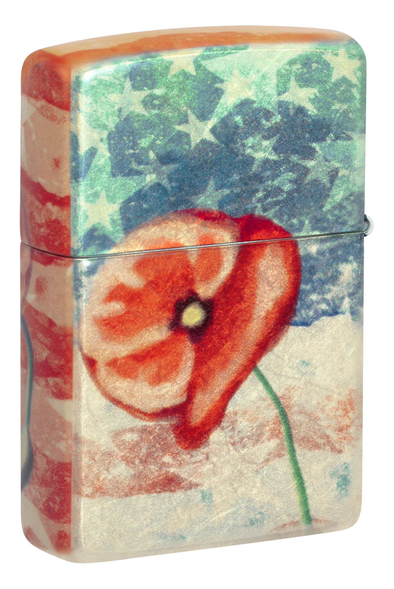 Back View of Zippo American Poppie Design 540 Fusion Windproof Lighter at 3/4 angle